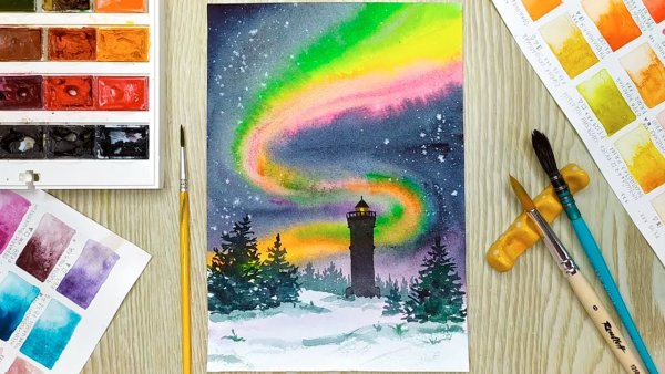 Северное сияние рисунок красками для начинающих