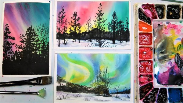 Скетч акварель Северное сияние