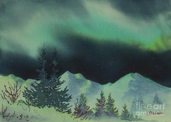 Зима акварель горы Северное сияние