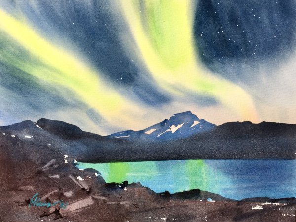 Северное сияние акварелью