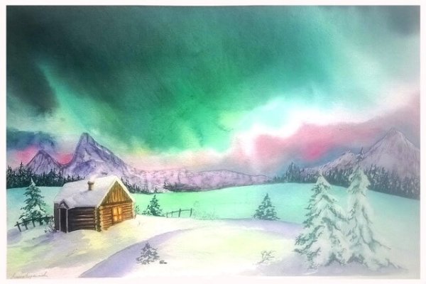 Зимний пейзаж Северное сияние акварелью