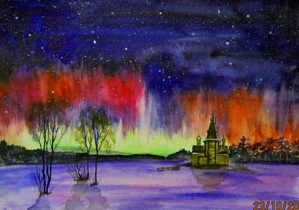 Северное сияние акварелью