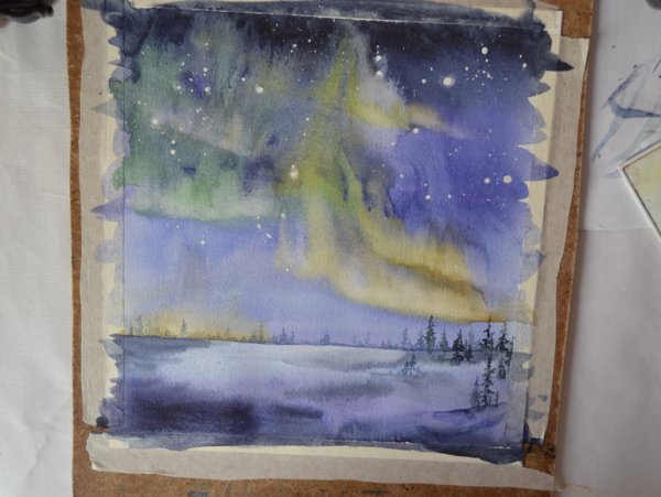 Северное сияние мастер класс акварель