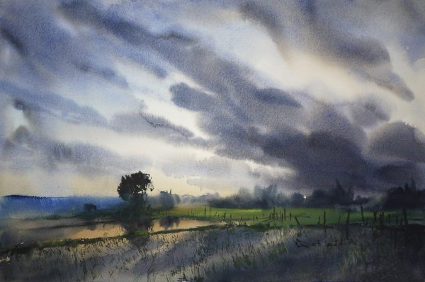 Грозовое небо акварелью