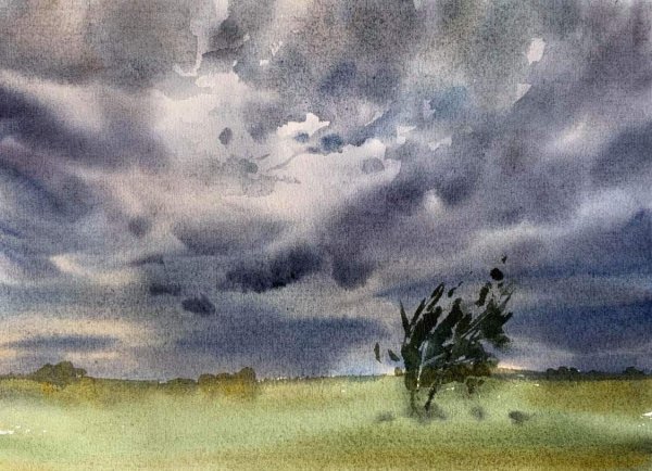 Грозовое небо акварелью