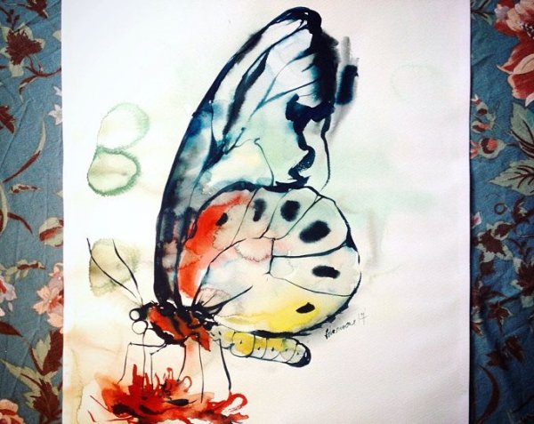 Бабочка акварельными карандашами