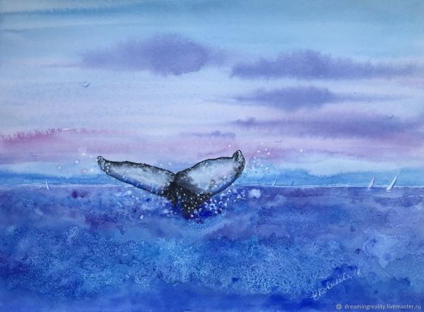 Море кит акварель
