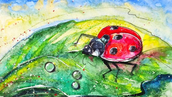 Божья коровка акварелью