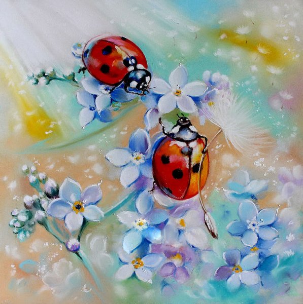 Божья коровка пастелью