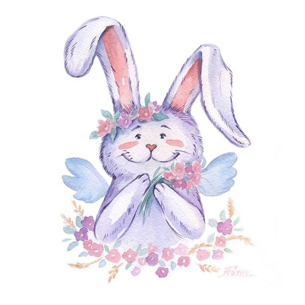 Зайчик с цветочками акварель