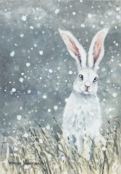 Кролик зимой акварель
