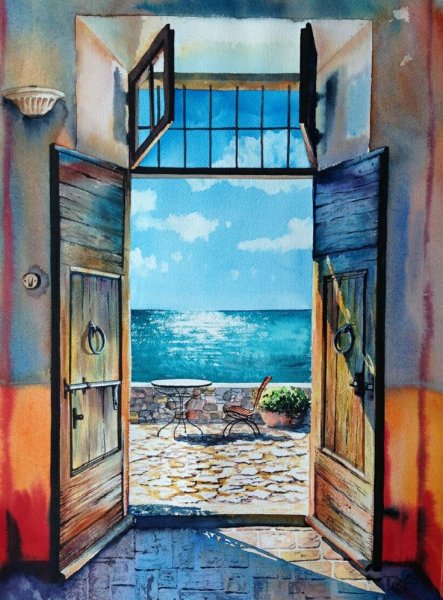 Открытая дверь акварель