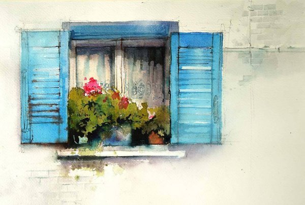 Акварель окно с цветами
