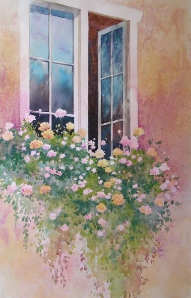 Акварель окно с цветами