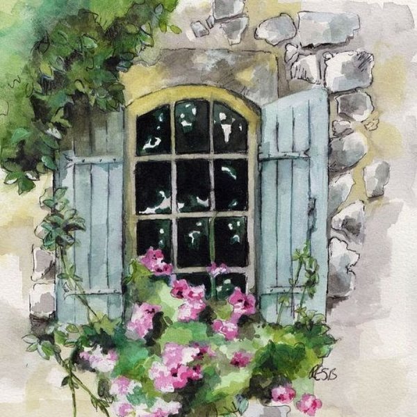 Акварель окно с цветами