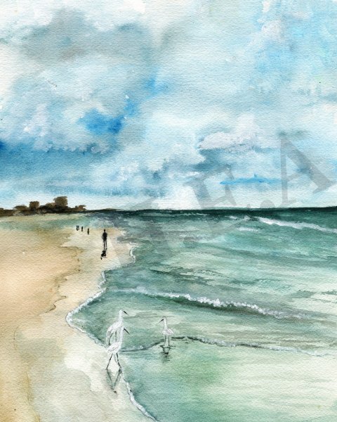 Пейзаж акварелью море