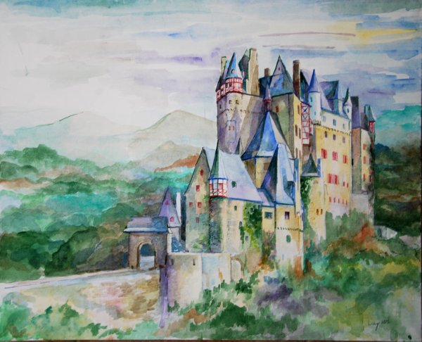 Средневековый замок акварель