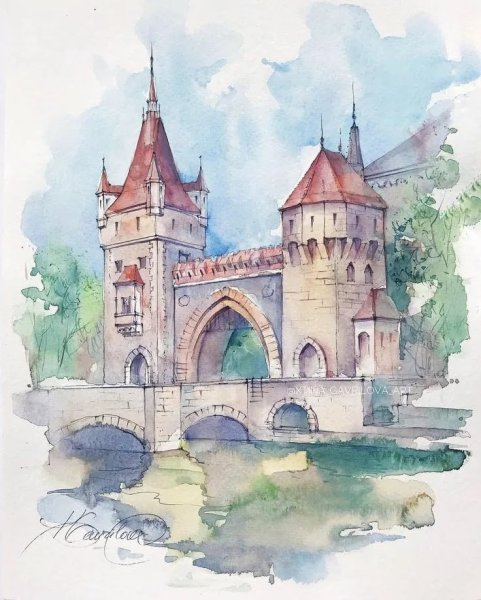 Средневековый замок акварель