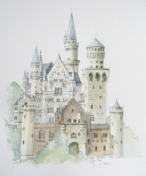 Замок Нойшванштайн рисунок акварелью