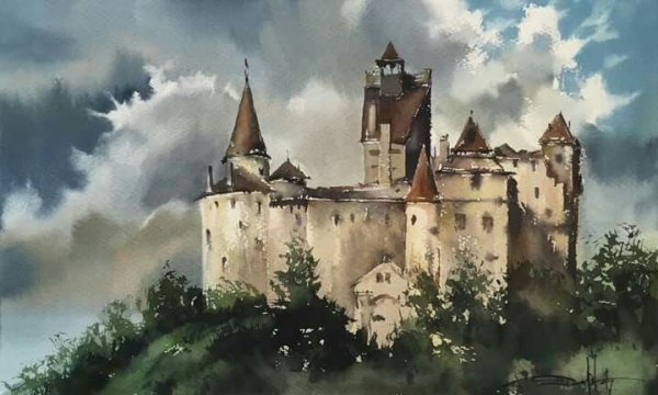 Готический замок акварелью