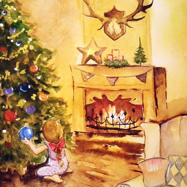 Рождественский камин акварель