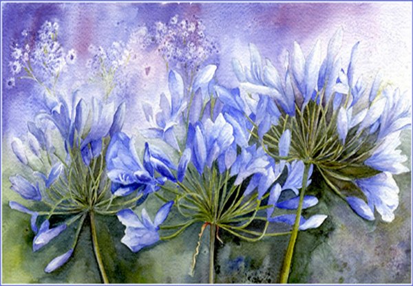 Голубые Акварельные цветы