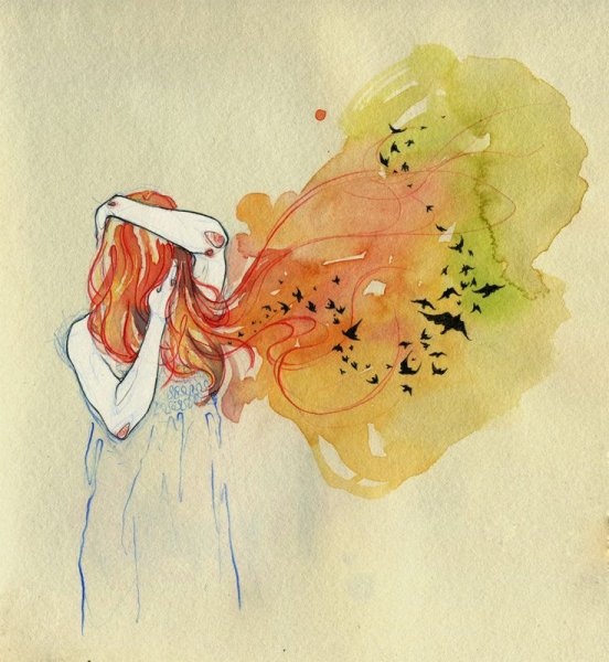 Девушка осень акварель