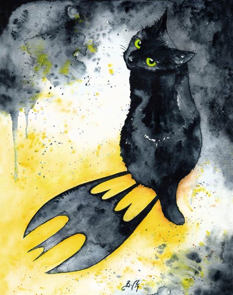 Черный кот акварелью