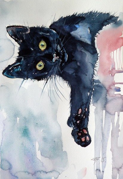 Черная кошка акварелью