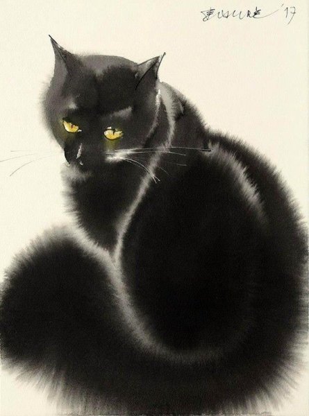 Черный кот акварелью