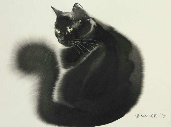 Кошки акварелью по сырому