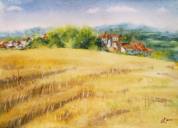 Деревенский пейзаж акварелью