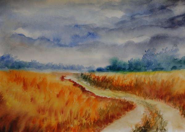 Пшеничное поле акварелью