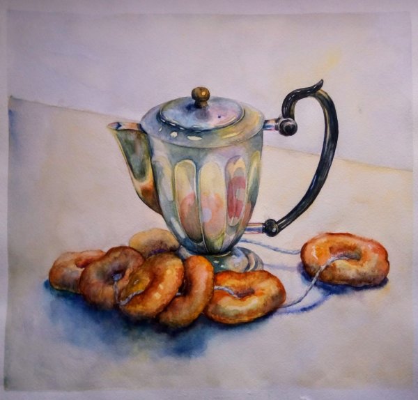 Металлический чайник в живописи акварелью