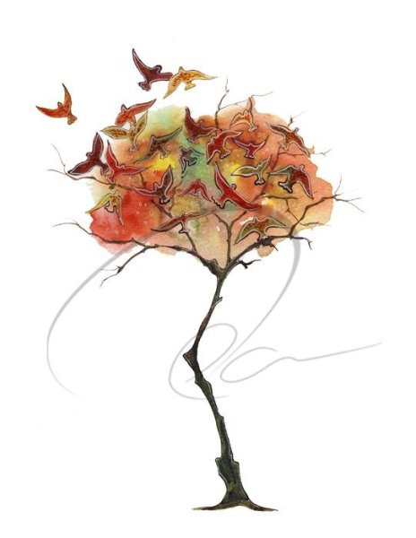 Осенние оранжевые деревья акварелью