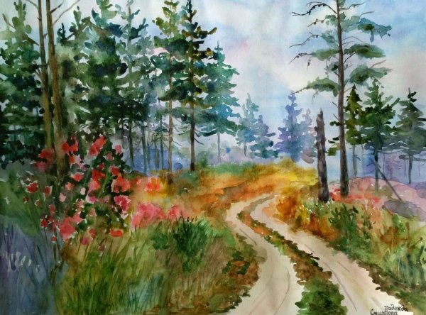 Пейзаж с дорогой гуашью