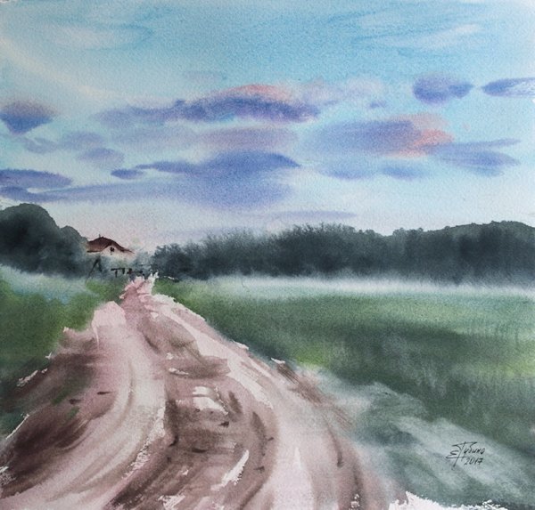 Пейзаж с дорогой акварель