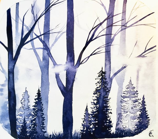 Лес рисунок акварелью