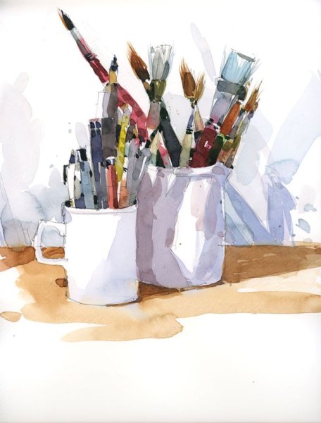 Натюрморт с красками и кистями