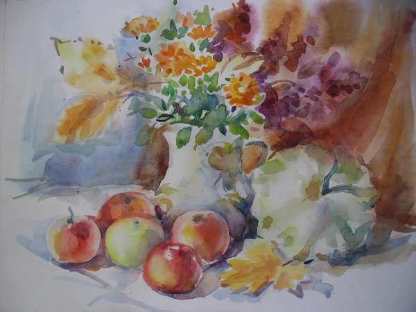 Натюрморт акварелью цветы и фрукты