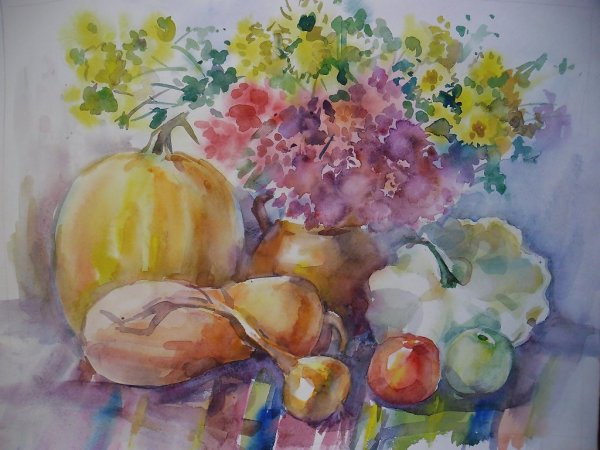 Этюд осеннего натюрморта акварелью