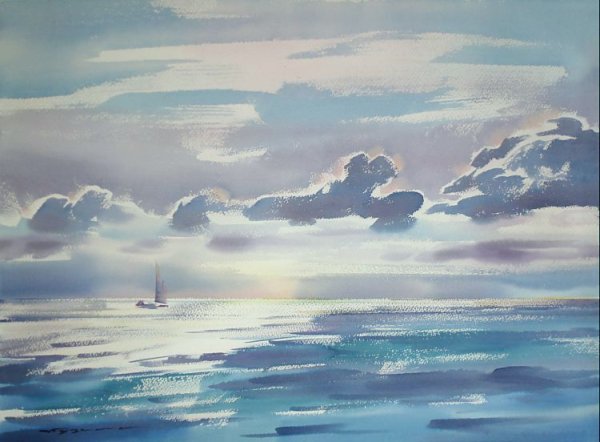 Небо и море акварелью