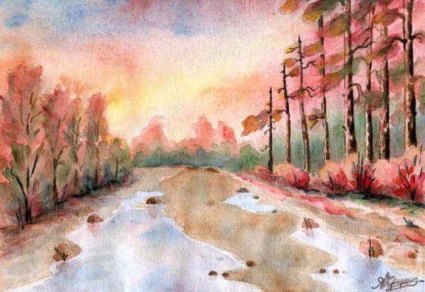 Пейзаж в технике по сырому