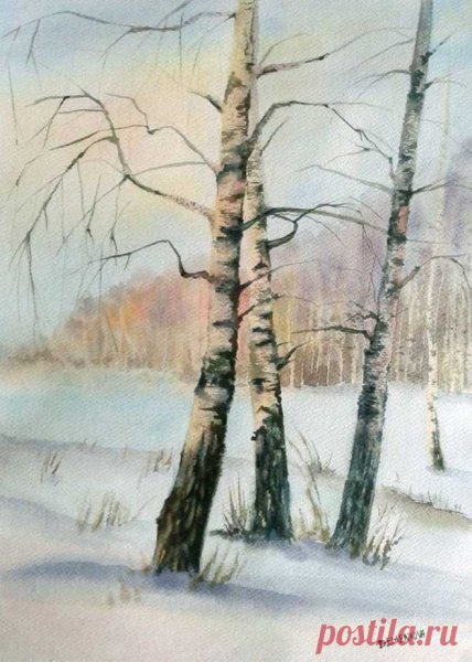 Зимний пейзаж акварелью для начинающих