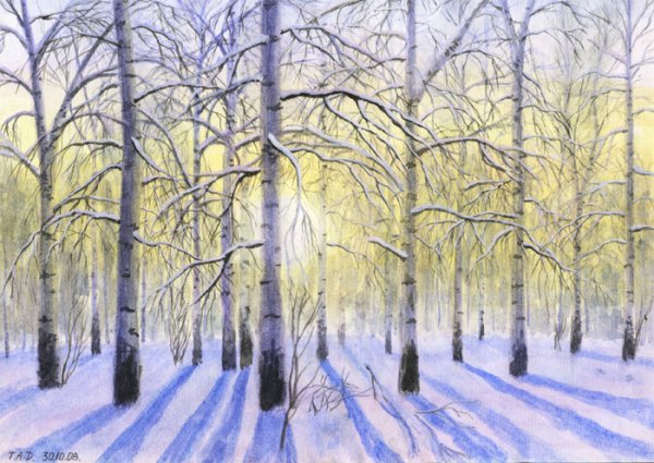 Зимний пейзаж акварельными карандашами