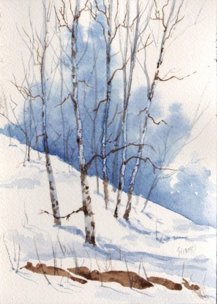 Деревья зимой акварелью