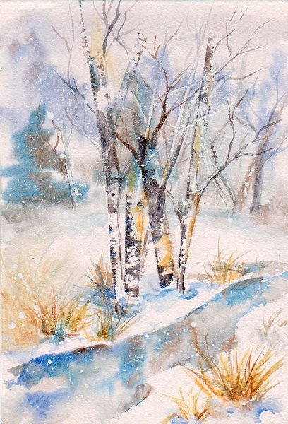 Зимний пейзаж с березами акварелью