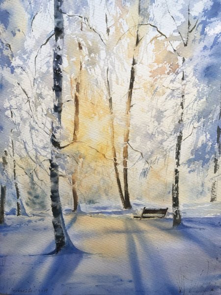 Акварель зима пейзаж