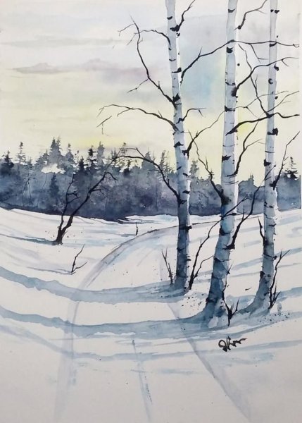 Легкий зимний пейзаж акварелью