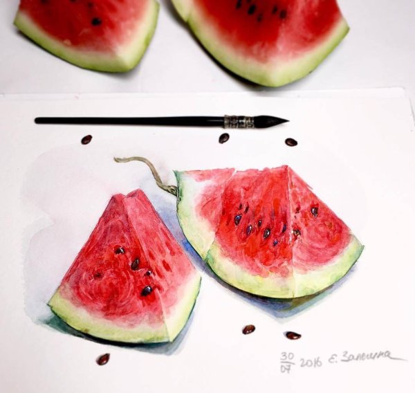 Натюрморт с арбузом акварель для детей